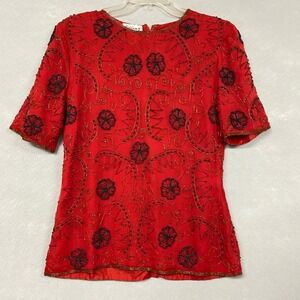 VTG Beaded Silk Top Women's S Red Blouse Party Cocktail Elegant Short Sleeve